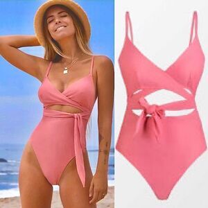 CUPSHE One Piece Swimsuit bathing suit hi rise cheeky hi cut out ties pink XL